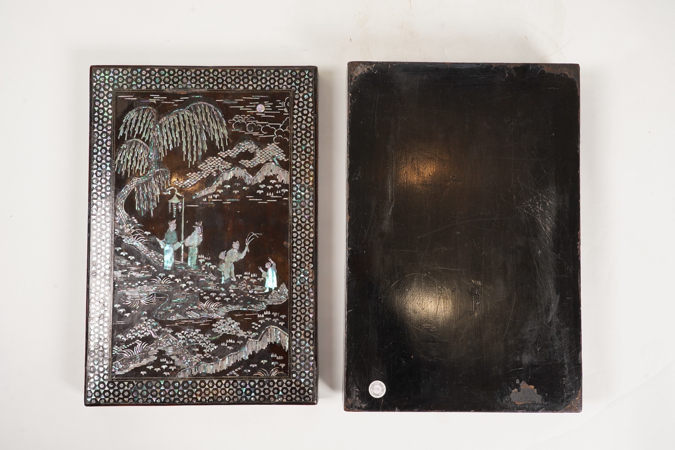 A Chinese Ming mother-of-pearl inlaid lacquer document box and cover, 15th century